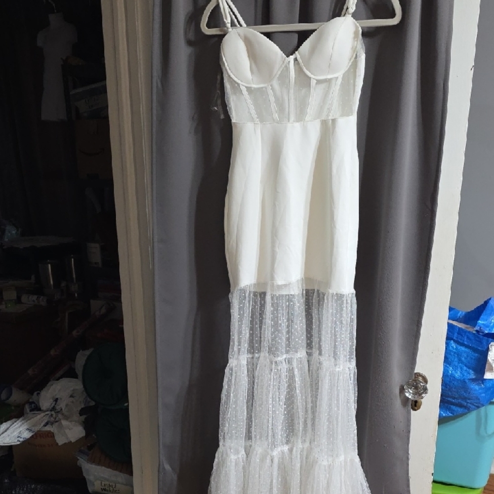 NWT 12th Tribe Women's Maxi Dress White Corset Look Swiss Dot Tulle Sexy Sz M